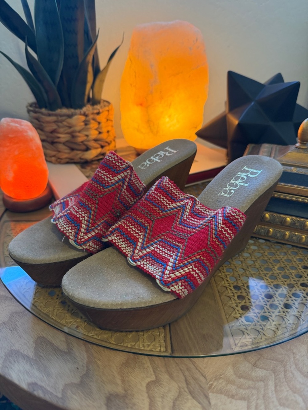 Reba Red Patterned Beaded Wedge Sandals